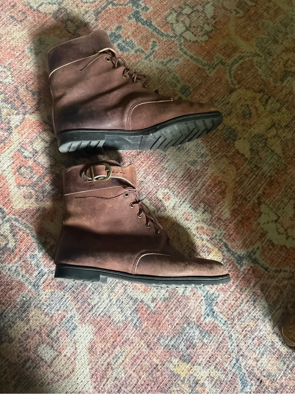 Vintage Eddie Bauer Brown Leather Lace-Up Ankle Boots with brass buckle size 9